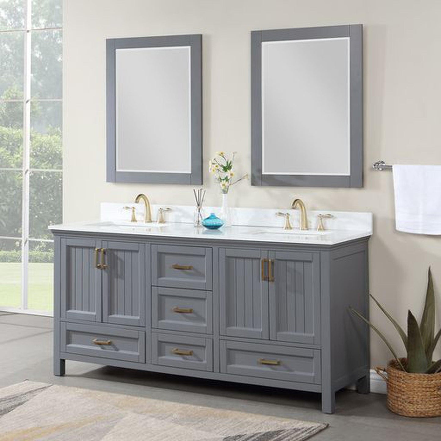 Altair Isla 72" Double Gray Freestanding Bathroom Vanity Set With Mirror, Aosta White Composite Stone Top, Two Rectangular Undermount Ceramic Sinks, and Overflow