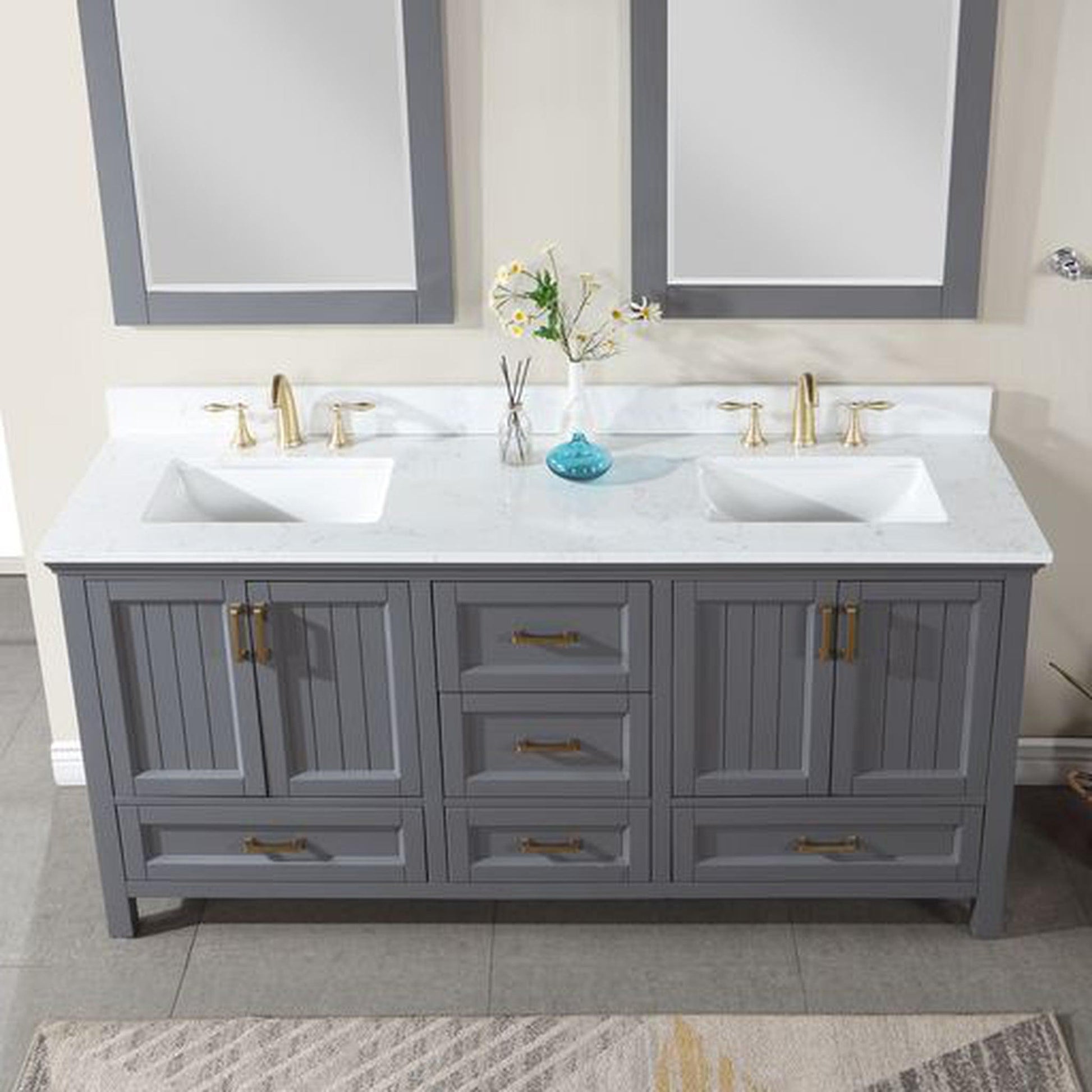 Altair Isla 72" Double Gray Freestanding Bathroom Vanity Set With Mirror, Aosta White Composite Stone Top, Two Rectangular Undermount Ceramic Sinks, and Overflow