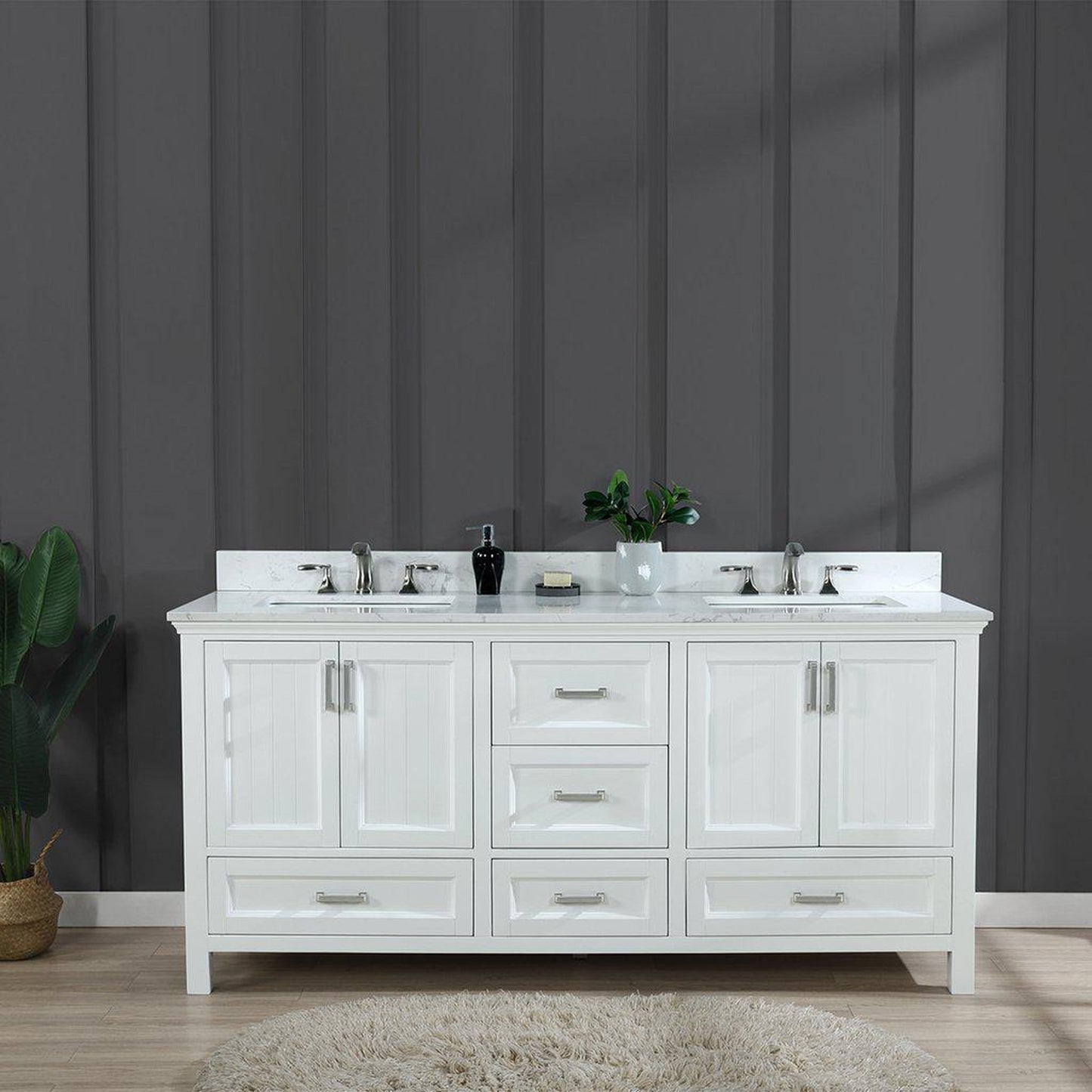 Altair Isla 72" Double White Freestanding Bathroom Vanity Set With Aosta White Composite Stone Top Two Rectangular Undermount Ceramic Sinks, Overflow, and Backsplash