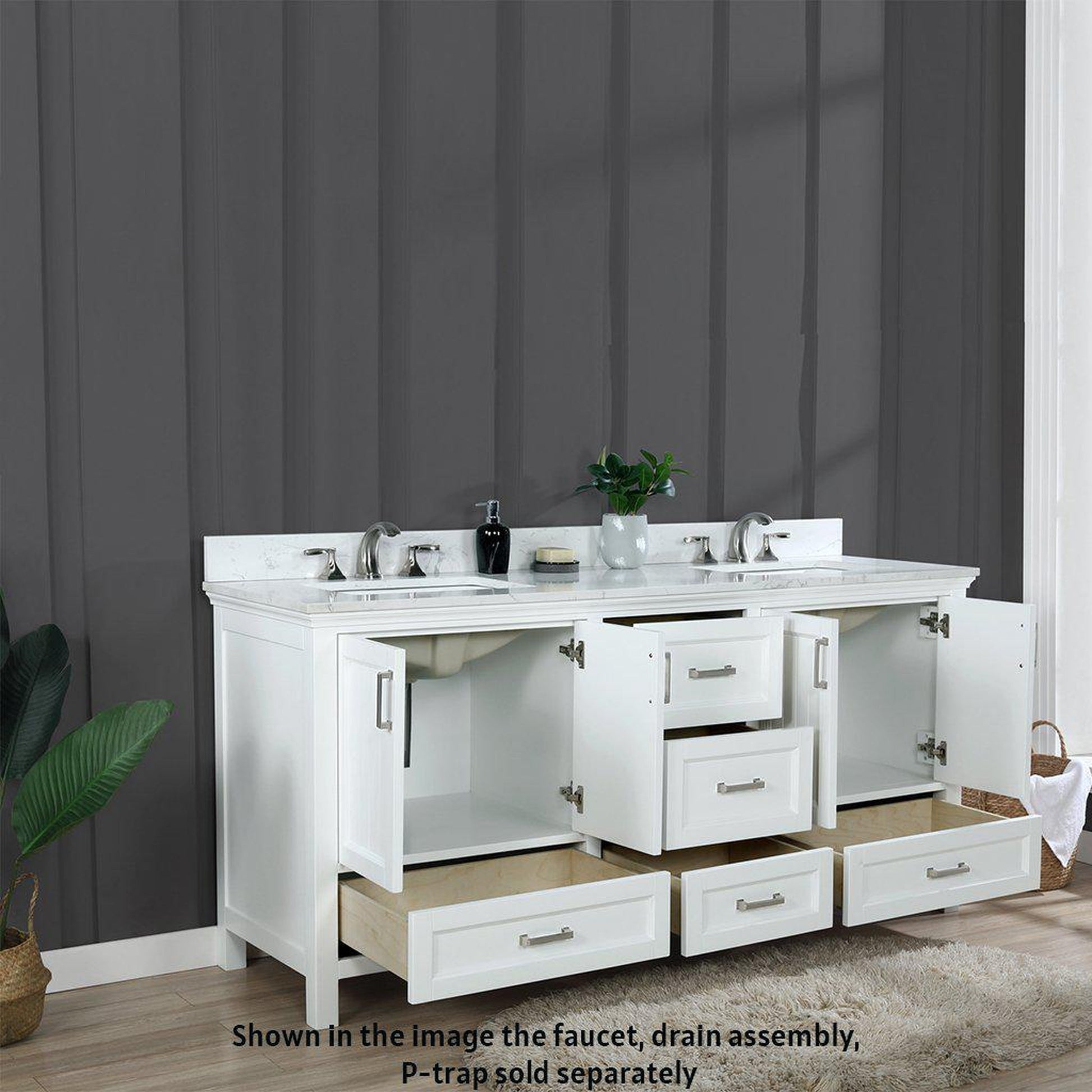 Altair Isla 72" Double White Freestanding Bathroom Vanity Set With Aosta White Composite Stone Top Two Rectangular Undermount Ceramic Sinks, Overflow, and Backsplash