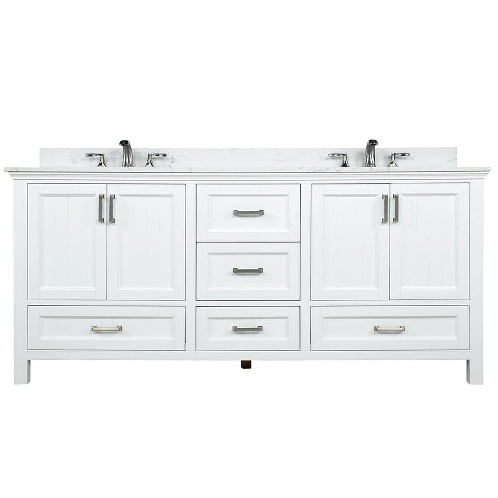 Altair Isla 72" Double White Freestanding Bathroom Vanity Set With Aosta White Composite Stone Top Two Rectangular Undermount Ceramic Sinks, Overflow, and Backsplash