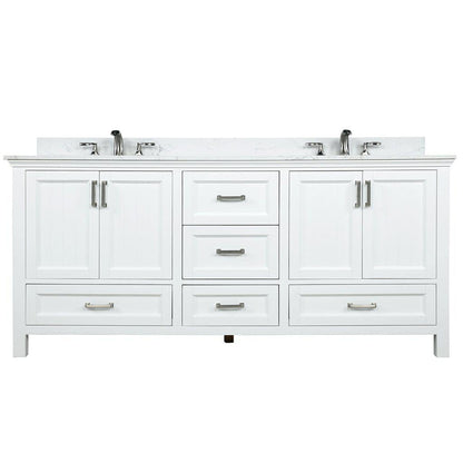 Altair Isla 72" Double White Freestanding Bathroom Vanity Set With Aosta White Composite Stone Top Two Rectangular Undermount Ceramic Sinks, Overflow, and Backsplash