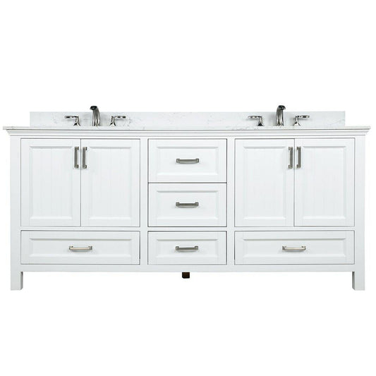 Altair Isla 72" Double White Freestanding Bathroom Vanity Set With Aosta White Composite Stone Top Two Rectangular Undermount Ceramic Sinks, Overflow, and Backsplash