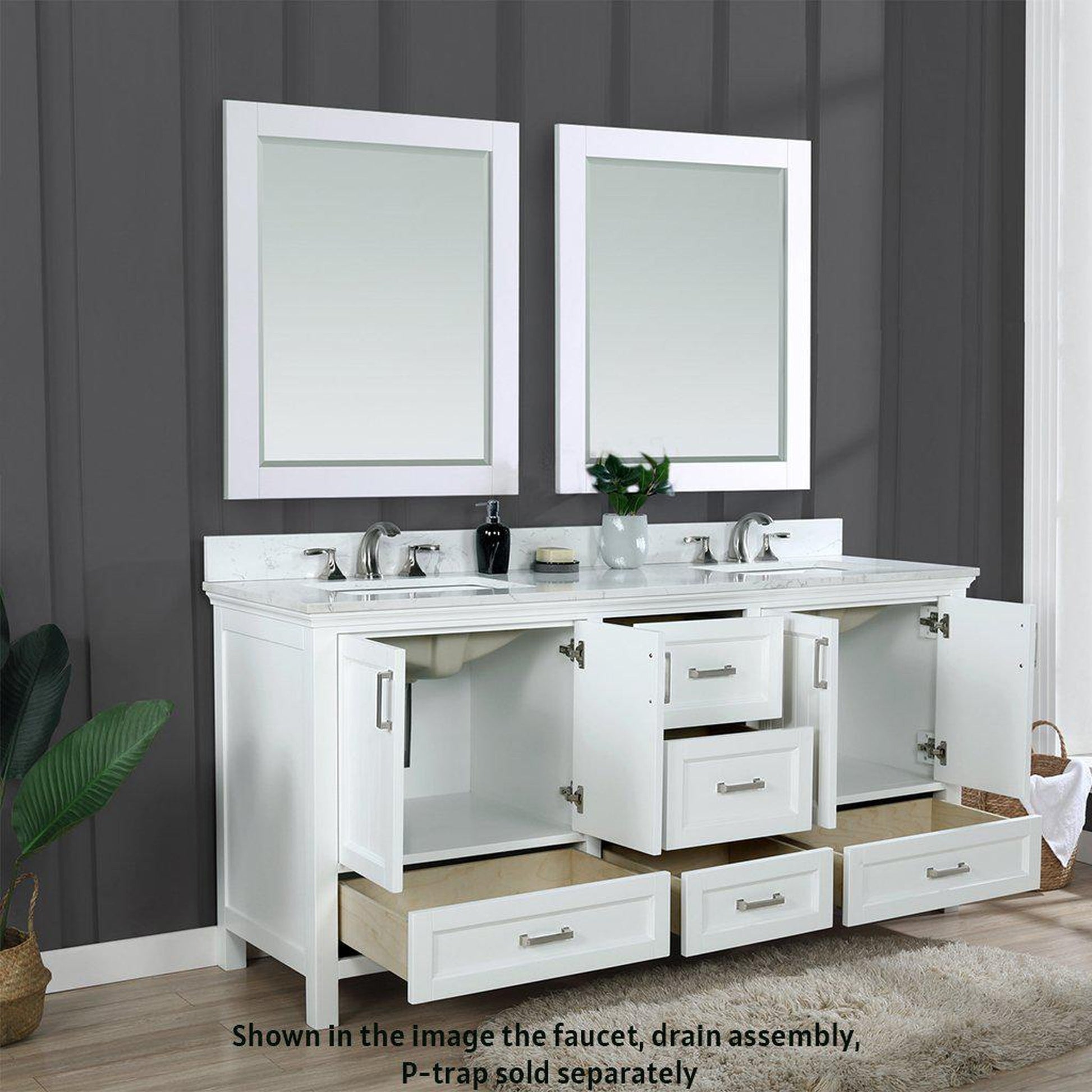 Altair Isla 72" Double White Freestanding Bathroom Vanity Set With Mirror, Aosta White Composite Stone Top Two Rectangular Undermount Ceramic Sinks, Overflow, and Backsplash