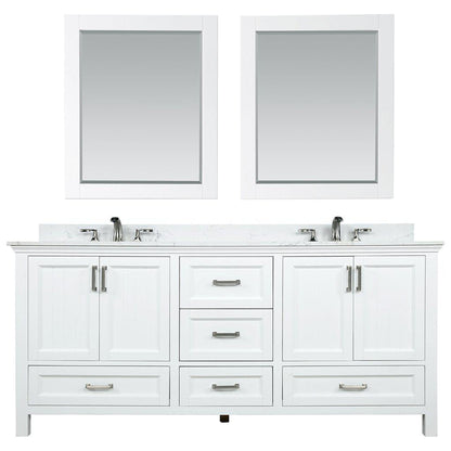 Altair Isla 72" Double White Freestanding Bathroom Vanity Set With Mirror, Aosta White Composite Stone Top Two Rectangular Undermount Ceramic Sinks, Overflow, and Backsplash