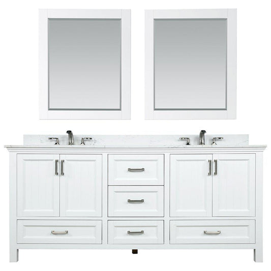 Altair Isla 72" Double White Freestanding Bathroom Vanity Set With Mirror, Aosta White Composite Stone Top Two Rectangular Undermount Ceramic Sinks, Overflow, and Backsplash