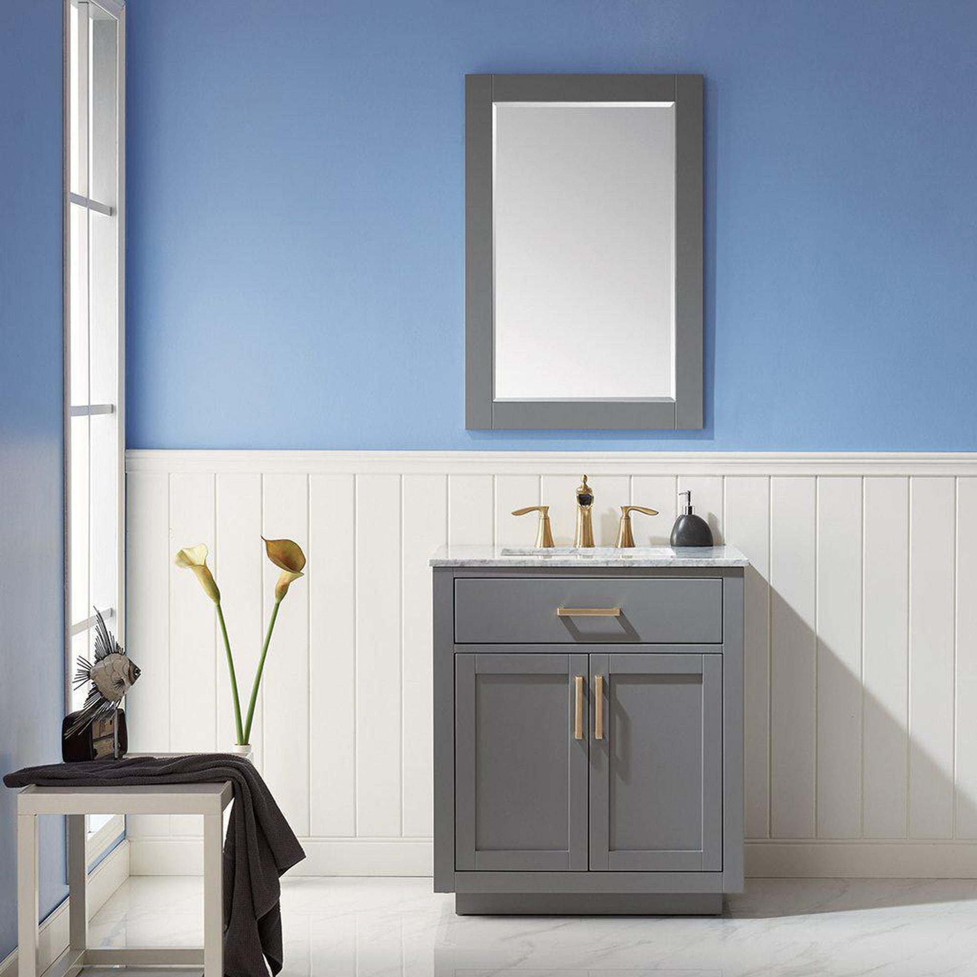 Altair Ivy 30" Single Gray Freestanding Bathroom Vanity Set With Mirror, Natural Carrara White Marble Top, Rectangular Undermount Ceramic Sink, and Overflow