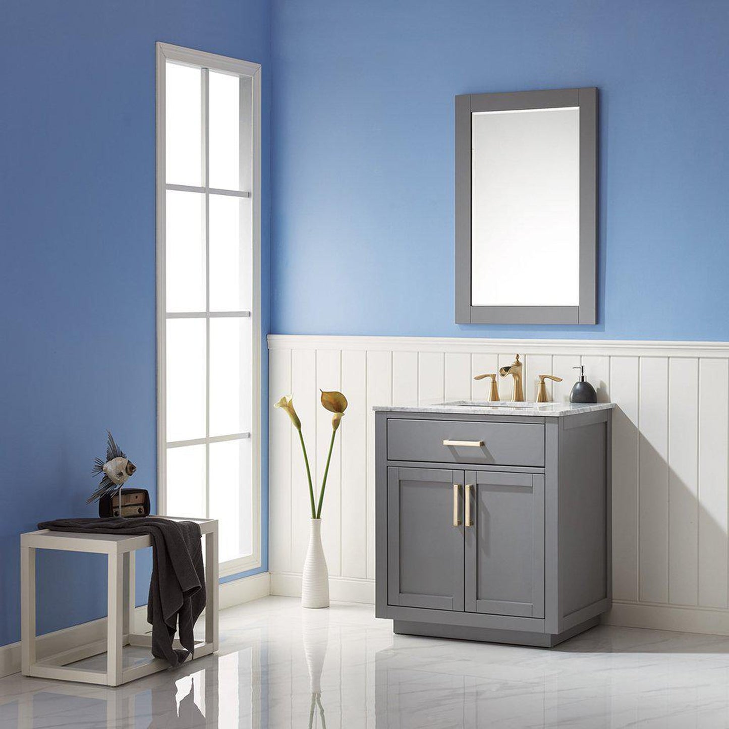 Altair Ivy 30" Single Gray Freestanding Bathroom Vanity Set With Mirror, Natural Carrara White Marble Top, Rectangular Undermount Ceramic Sink, and Overflow