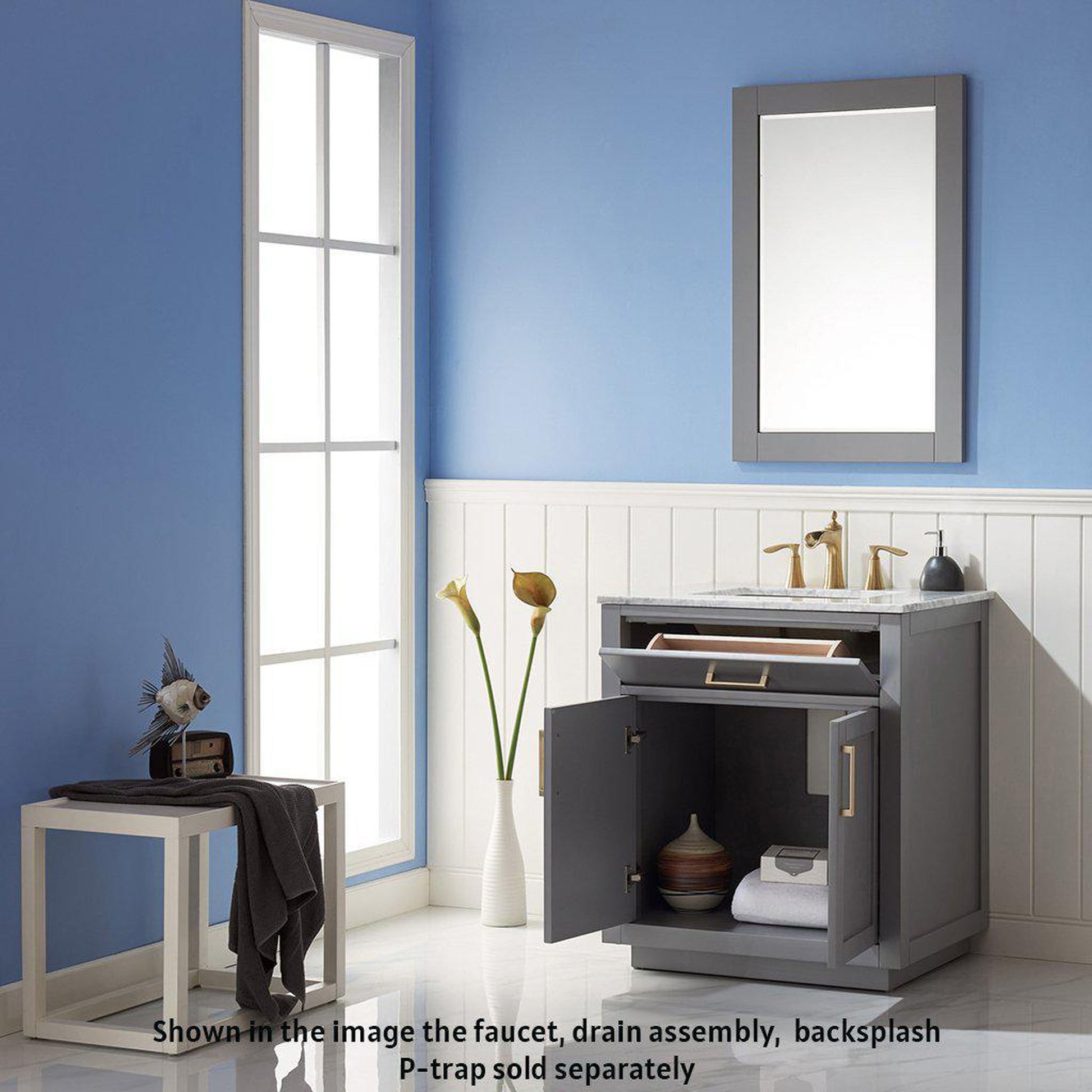 Altair Ivy 30" Single Gray Freestanding Bathroom Vanity Set With Mirror, Natural Carrara White Marble Top, Rectangular Undermount Ceramic Sink, and Overflow