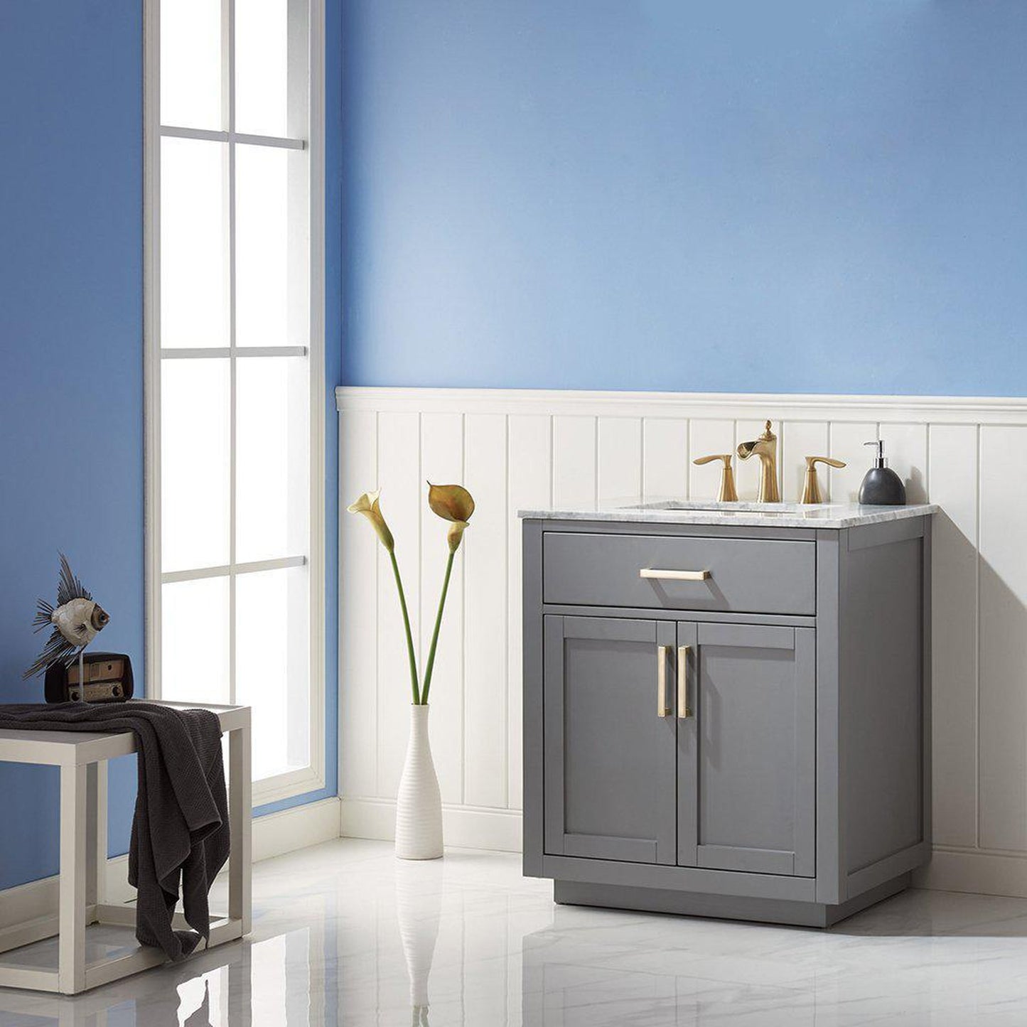 Altair Ivy 30" Single Gray Freestanding Bathroom Vanity Set With Natural Carrara White Marble Top, Rectangular Undermount Ceramic Sink, and Overflow
