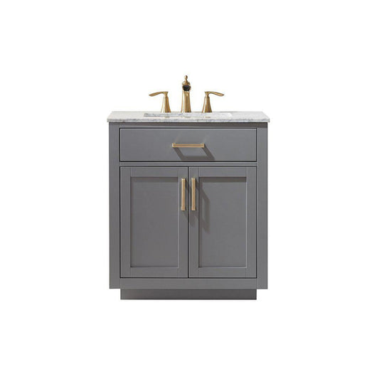 Altair Ivy 30" Single Gray Freestanding Bathroom Vanity Set With Natural Carrara White Marble Top, Rectangular Undermount Ceramic Sink, and Overflow