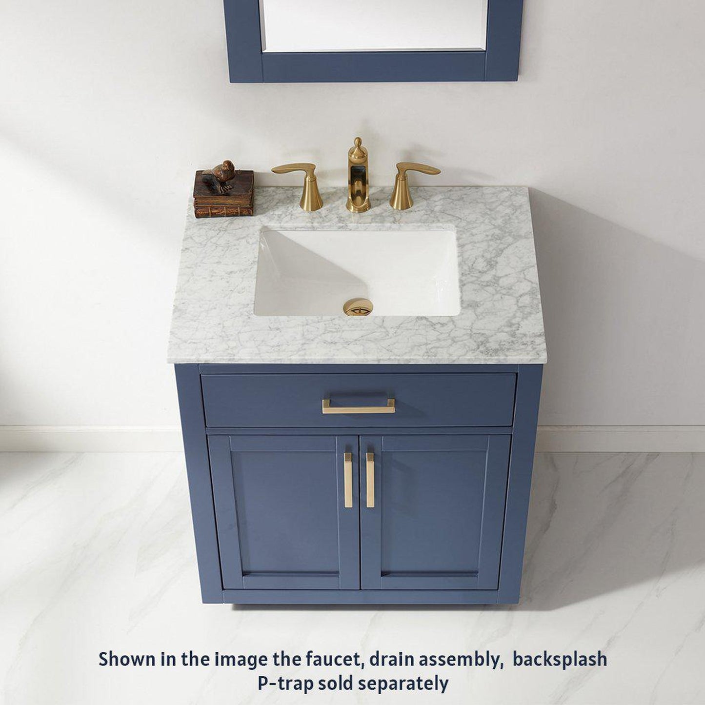 Altair Ivy 30" Single Royal Blue Freestanding Bathroom Vanity Set With Mirror, Natural Carrara White Marble Top, Rectangular Undermount Ceramic Sink, and Overflow