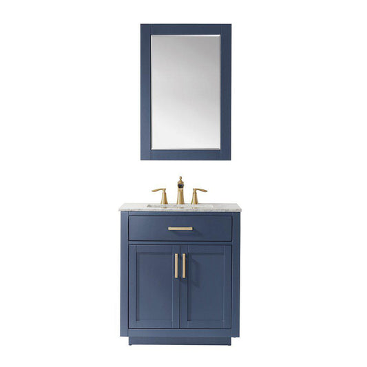 Altair Ivy 30" Single Royal Blue Freestanding Bathroom Vanity Set With Mirror, Natural Carrara White Marble Top, Rectangular Undermount Ceramic Sink, and Overflow