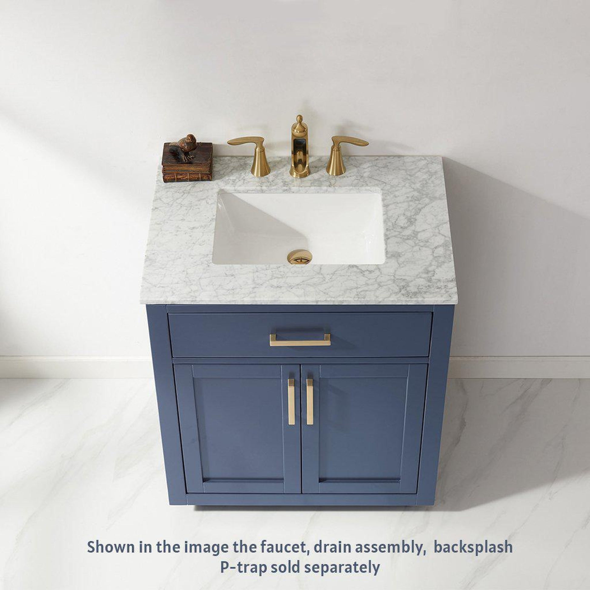 Altair Ivy 30" Single Royal Blue Freestanding Bathroom Vanity Set With Natural Carrara White Marble Top, Rectangular Undermount Ceramic Sink, and Overflow