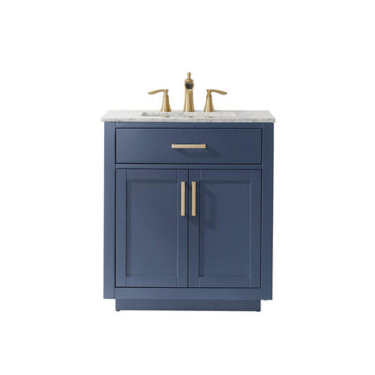 Altair Ivy 30" Single Royal Blue Freestanding Bathroom Vanity Set With Natural Carrara White Marble Top, Rectangular Undermount Ceramic Sink, and Overflow