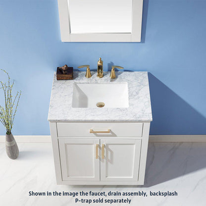Altair Ivy 30" Single White Freestanding Bathroom Vanity Set With Mirror, Natural Carrara White Marble Top, Rectangular Undermount Ceramic Sink, and Overflow