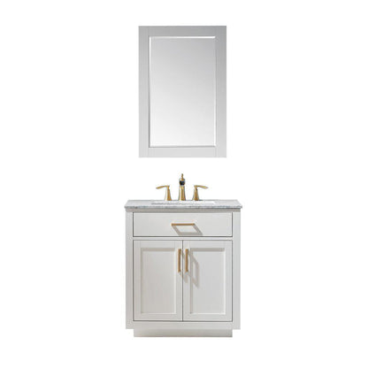 Altair Ivy 30" Single White Freestanding Bathroom Vanity Set With Mirror, Natural Carrara White Marble Top, Rectangular Undermount Ceramic Sink, and Overflow