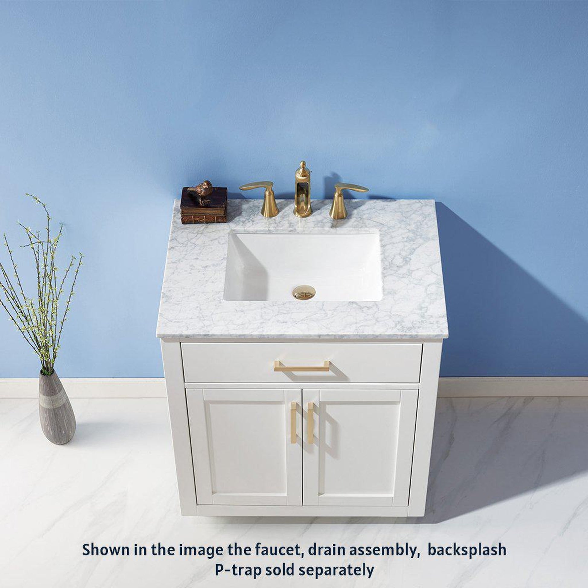 Altair Ivy 30" Single White Freestanding Bathroom Vanity Set With Natural Carrara White Marble Top, Rectangular Undermount Ceramic Sink, and Overflow