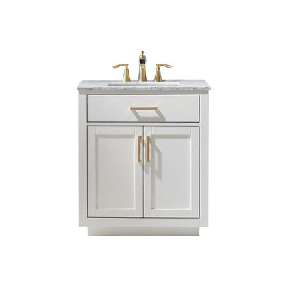 Altair Ivy 30" Single White Freestanding Bathroom Vanity Set With Natural Carrara White Marble Top, Rectangular Undermount Ceramic Sink, and Overflow