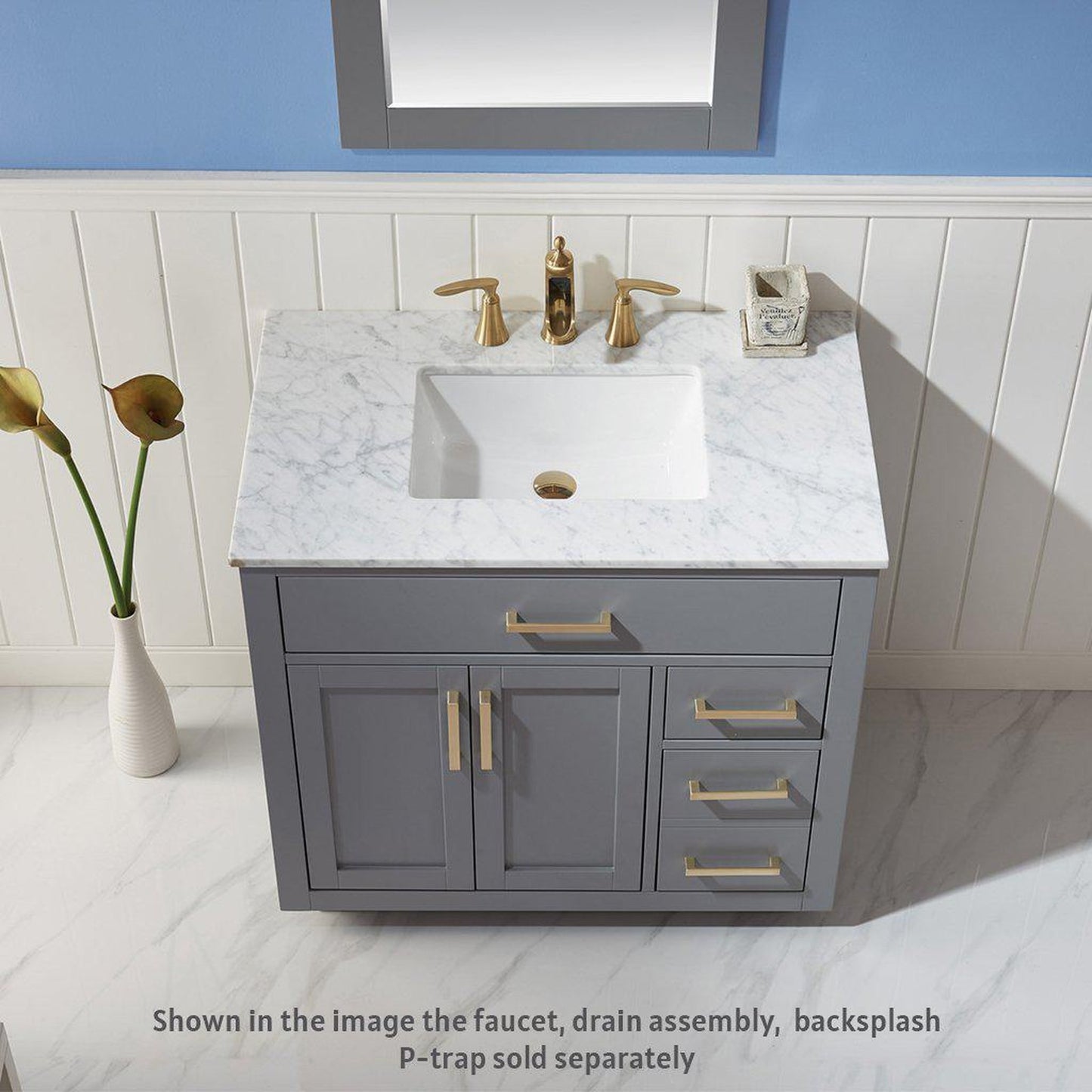 Altair Ivy 36" Single Gray Freestanding Bathroom Vanity Set With Mirror, Natural Carrara White Marble Top, Rectangular Undermount Ceramic Sink, and Overflow