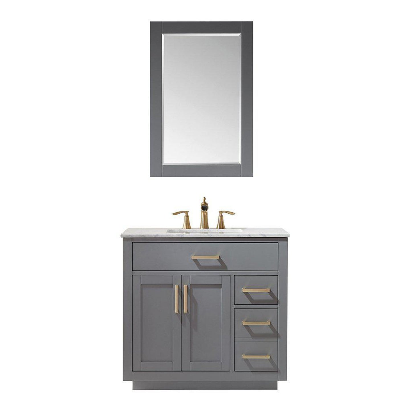 Altair Ivy 36" Single Gray Freestanding Bathroom Vanity Set With Mirror, Natural Carrara White Marble Top, Rectangular Undermount Ceramic Sink, and Overflow