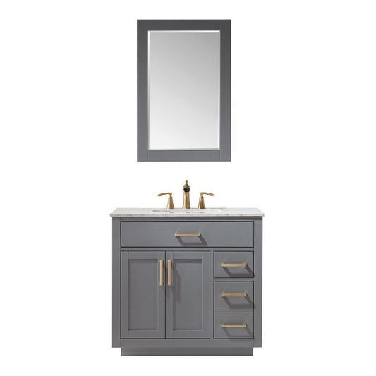 Altair Ivy 36" Single Gray Freestanding Bathroom Vanity Set With Mirror, Natural Carrara White Marble Top, Rectangular Undermount Ceramic Sink, and Overflow