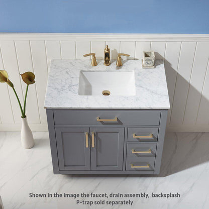 Altair Ivy 36" Single Gray Freestanding Bathroom Vanity Set With Natural Carrara White Marble Top, Rectangular Undermount Ceramic Sink, and Overflow