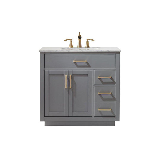 Altair Ivy 36" Single Gray Freestanding Bathroom Vanity Set With Natural Carrara White Marble Top, Rectangular Undermount Ceramic Sink, and Overflow