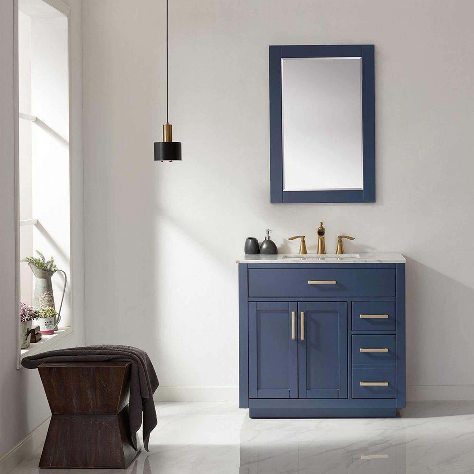 Altair Ivy 36" Single Royal Blue Freestanding Bathroom Vanity Set With Mirror, Natural Carrara White Marble Top, Rectangular Undermount Ceramic Sink, and Overflow