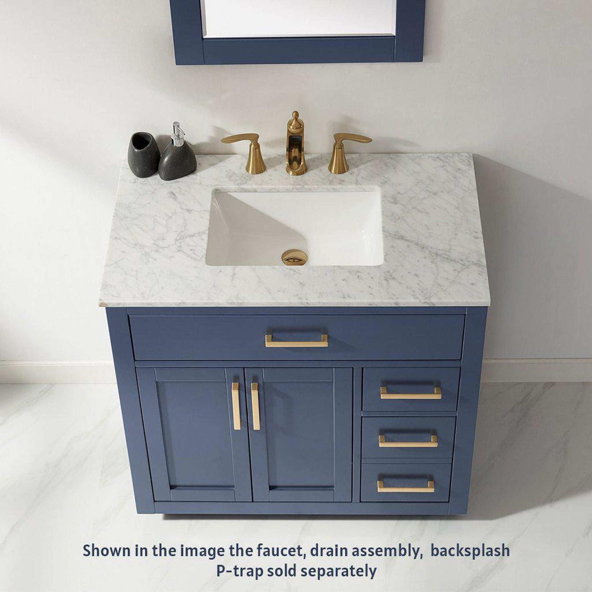 Altair Ivy 36" Single Royal Blue Freestanding Bathroom Vanity Set With Mirror, Natural Carrara White Marble Top, Rectangular Undermount Ceramic Sink, and Overflow