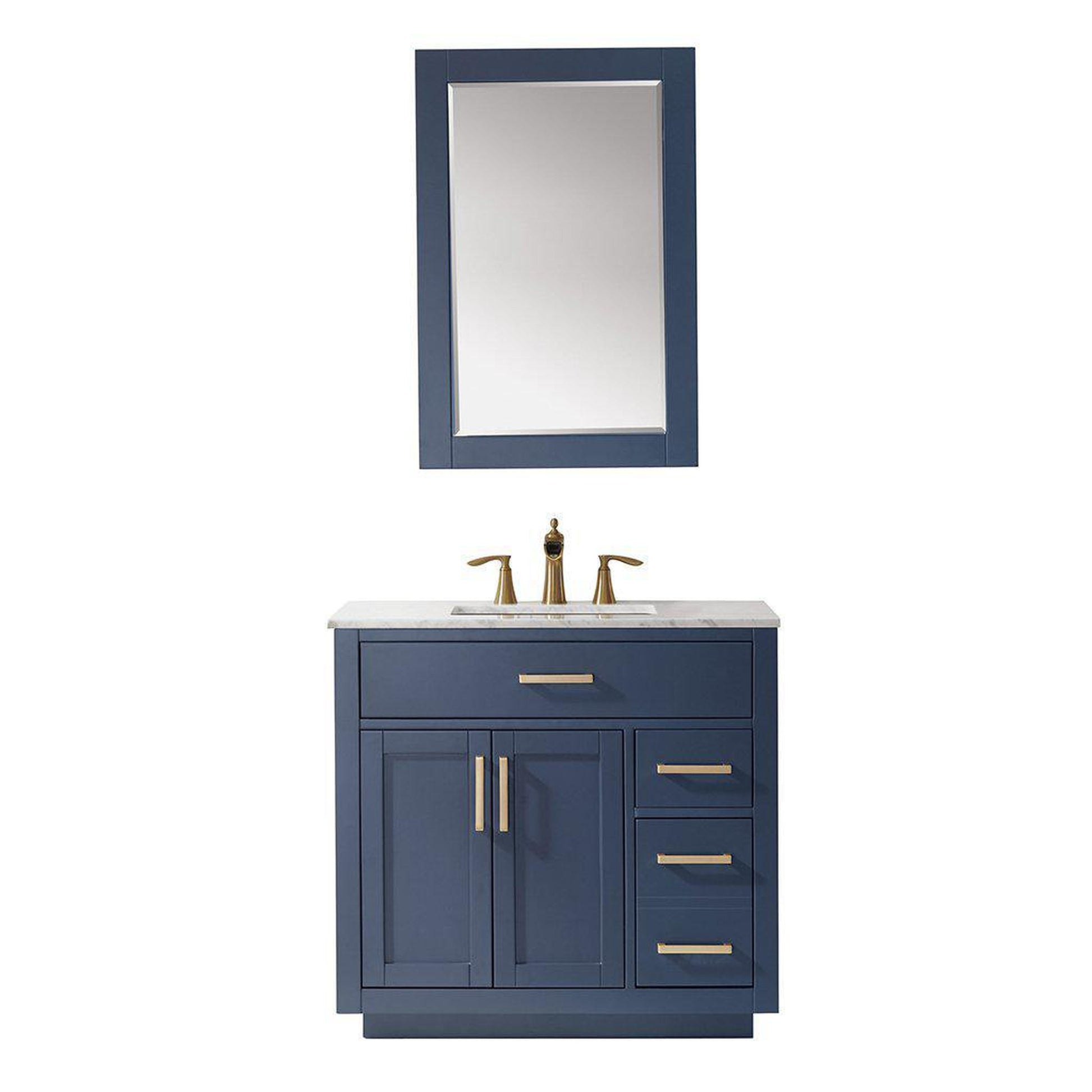 Altair Ivy 36" Single Royal Blue Freestanding Bathroom Vanity Set With Mirror, Natural Carrara White Marble Top, Rectangular Undermount Ceramic Sink, and Overflow