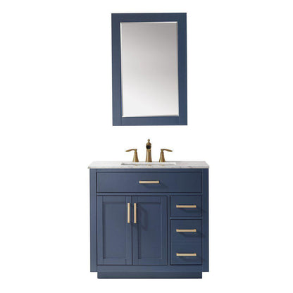 Altair Ivy 36" Single Royal Blue Freestanding Bathroom Vanity Set With Mirror, Natural Carrara White Marble Top, Rectangular Undermount Ceramic Sink, and Overflow