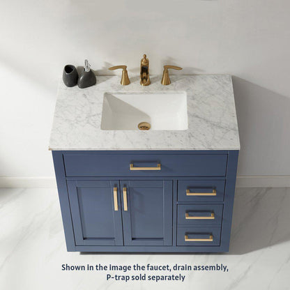 Altair Ivy 36" Single Royal Blue Freestanding Bathroom Vanity Set With Natural Carrara White Marble Top, Rectangular Undermount Ceramic Sink, and Overflow