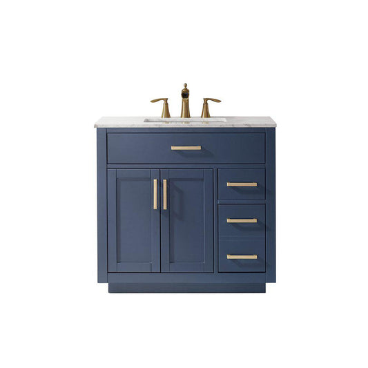 Altair Ivy 36" Single Royal Blue Freestanding Bathroom Vanity Set With Natural Carrara White Marble Top, Rectangular Undermount Ceramic Sink, and Overflow