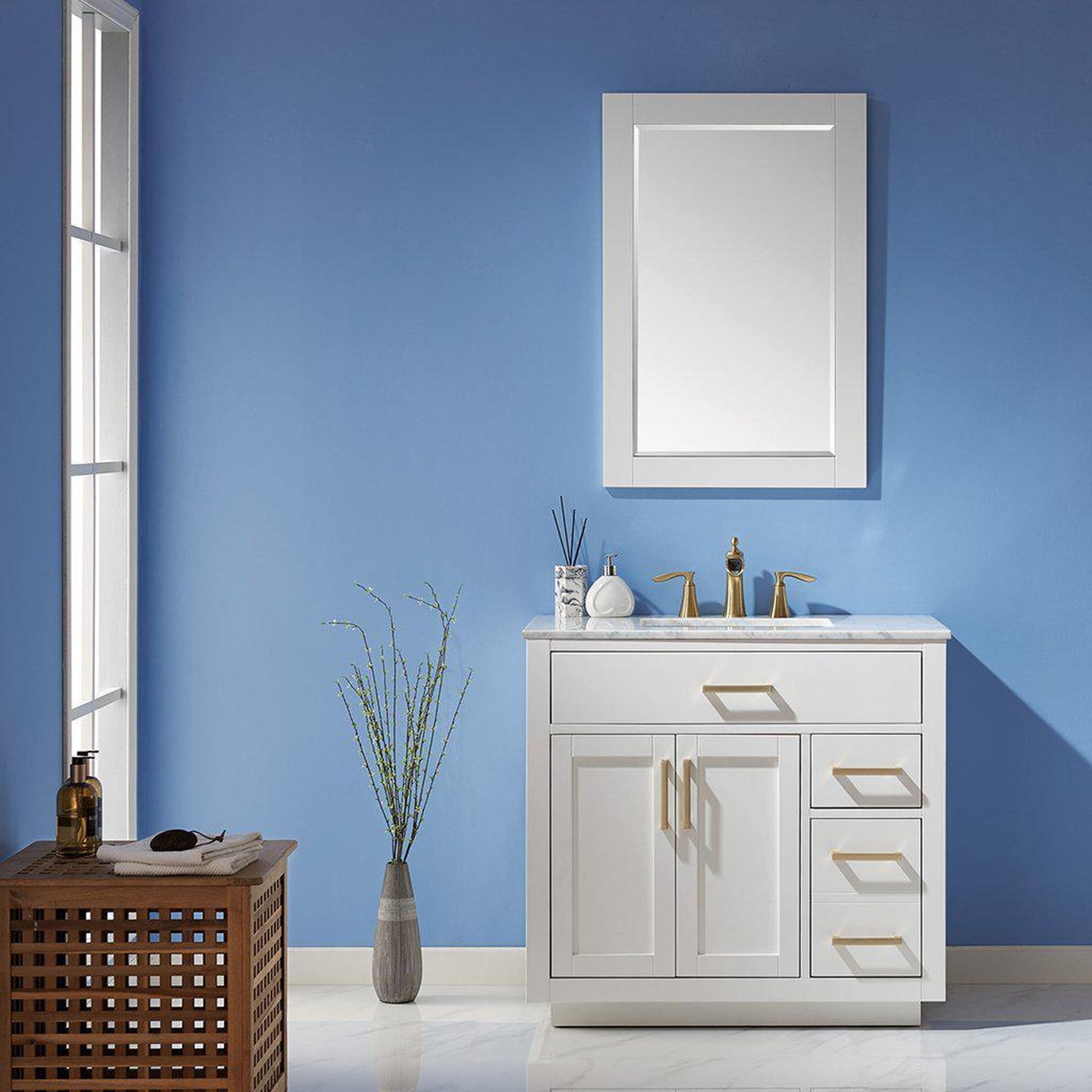 Altair Ivy 36" Single White Freestanding Bathroom Vanity Set With Mirror, Natural Carrara White Marble Top, Rectangular Undermount Ceramic Sink, and Overflow