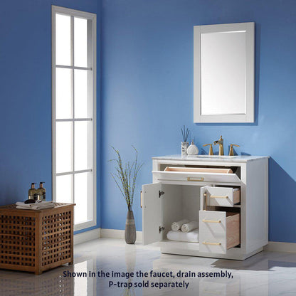 Altair Ivy 36" Single White Freestanding Bathroom Vanity Set With Mirror, Natural Carrara White Marble Top, Rectangular Undermount Ceramic Sink, and Overflow