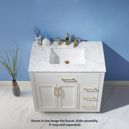 Altair Ivy 36" Single White Freestanding Bathroom Vanity Set With Natural Carrara White Marble Top, Rectangular Undermount Ceramic Sink, and Overflow