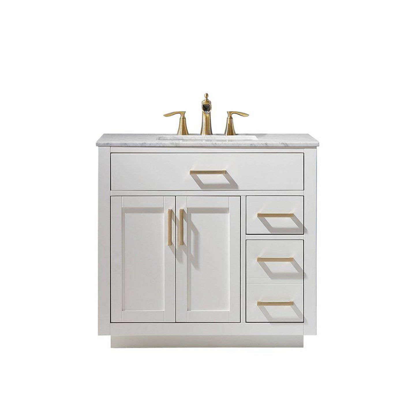 Altair Ivy 36" Single White Freestanding Bathroom Vanity Set With Natural Carrara White Marble Top, Rectangular Undermount Ceramic Sink, and Overflow