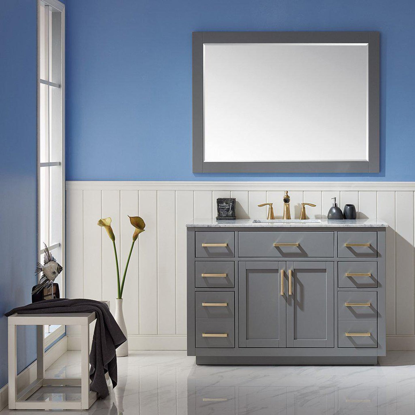 Altair Ivy 48" Single Gray Freestanding Bathroom Vanity Set With Mirror, Natural Carrara White Marble Top, Rectangular Undermount Ceramic Sink, and Overflow