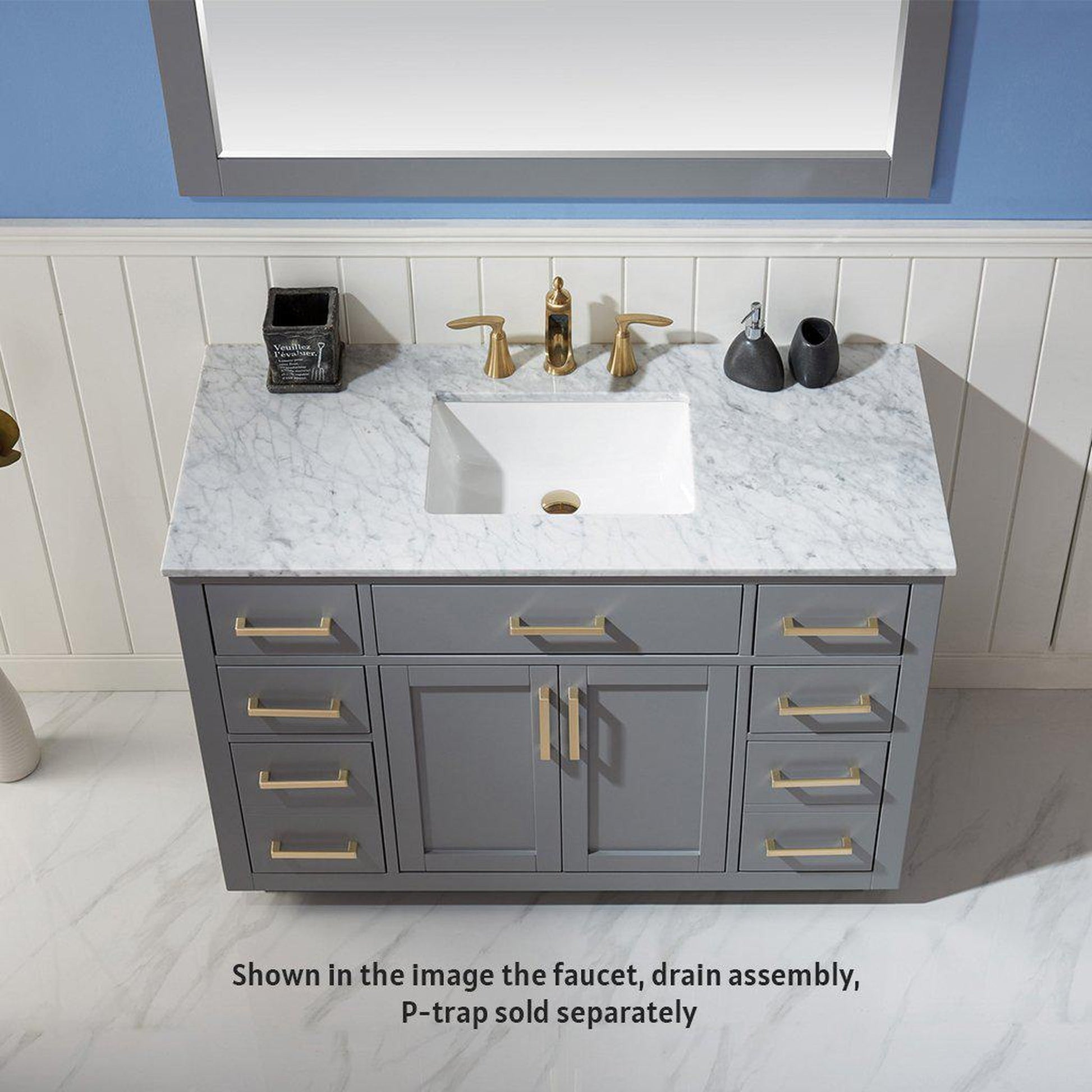 Altair Ivy 48" Single Gray Freestanding Bathroom Vanity Set With Mirror, Natural Carrara White Marble Top, Rectangular Undermount Ceramic Sink, and Overflow