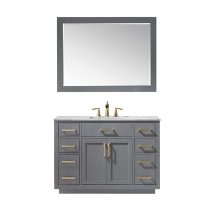 Altair Ivy 48" Single Gray Freestanding Bathroom Vanity Set With Mirror, Natural Carrara White Marble Top, Rectangular Undermount Ceramic Sink, and Overflow