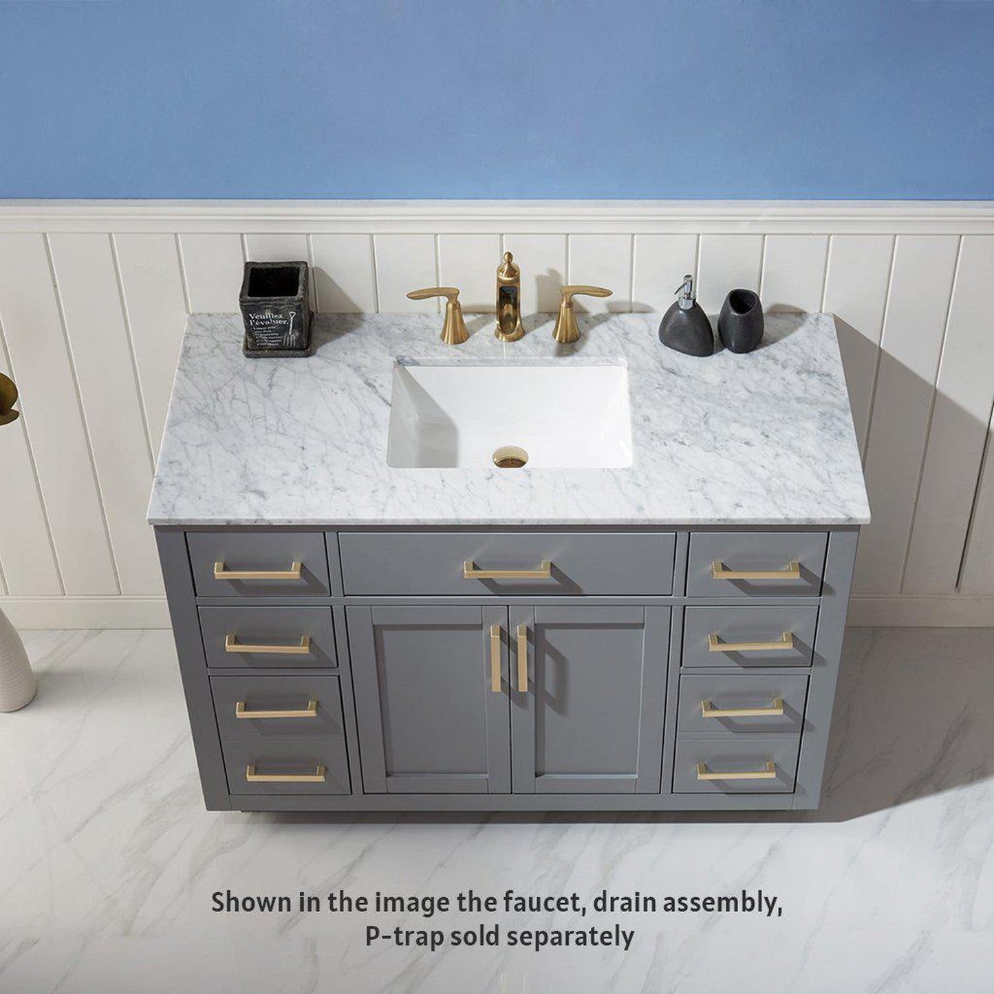 Altair Ivy 48" Single Gray Freestanding Bathroom Vanity Set With Natural Carrara White Marble Top, Rectangular Undermount Ceramic Sink, and Overflow