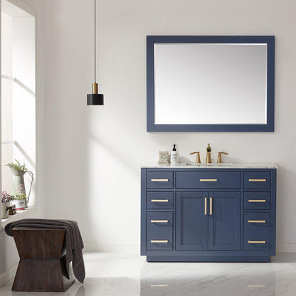 Altair Ivy 48" Single Royal Blue Freestanding Bathroom Vanity Set With Mirror, Natural Carrara White Marble Top, Rectangular Undermount Ceramic Sink, and Overflow