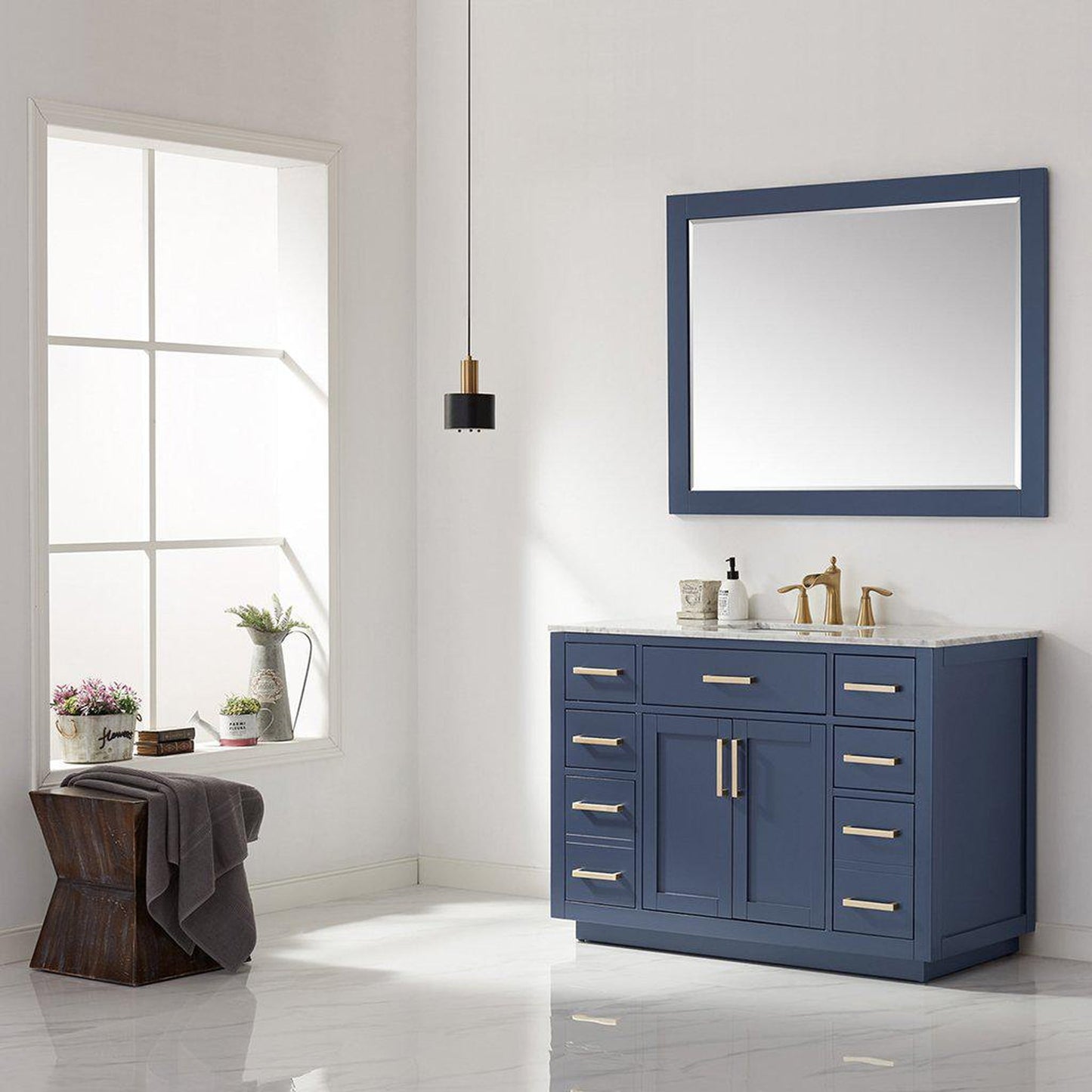 Altair Ivy 48" Single Royal Blue Freestanding Bathroom Vanity Set With Mirror, Natural Carrara White Marble Top, Rectangular Undermount Ceramic Sink, and Overflow