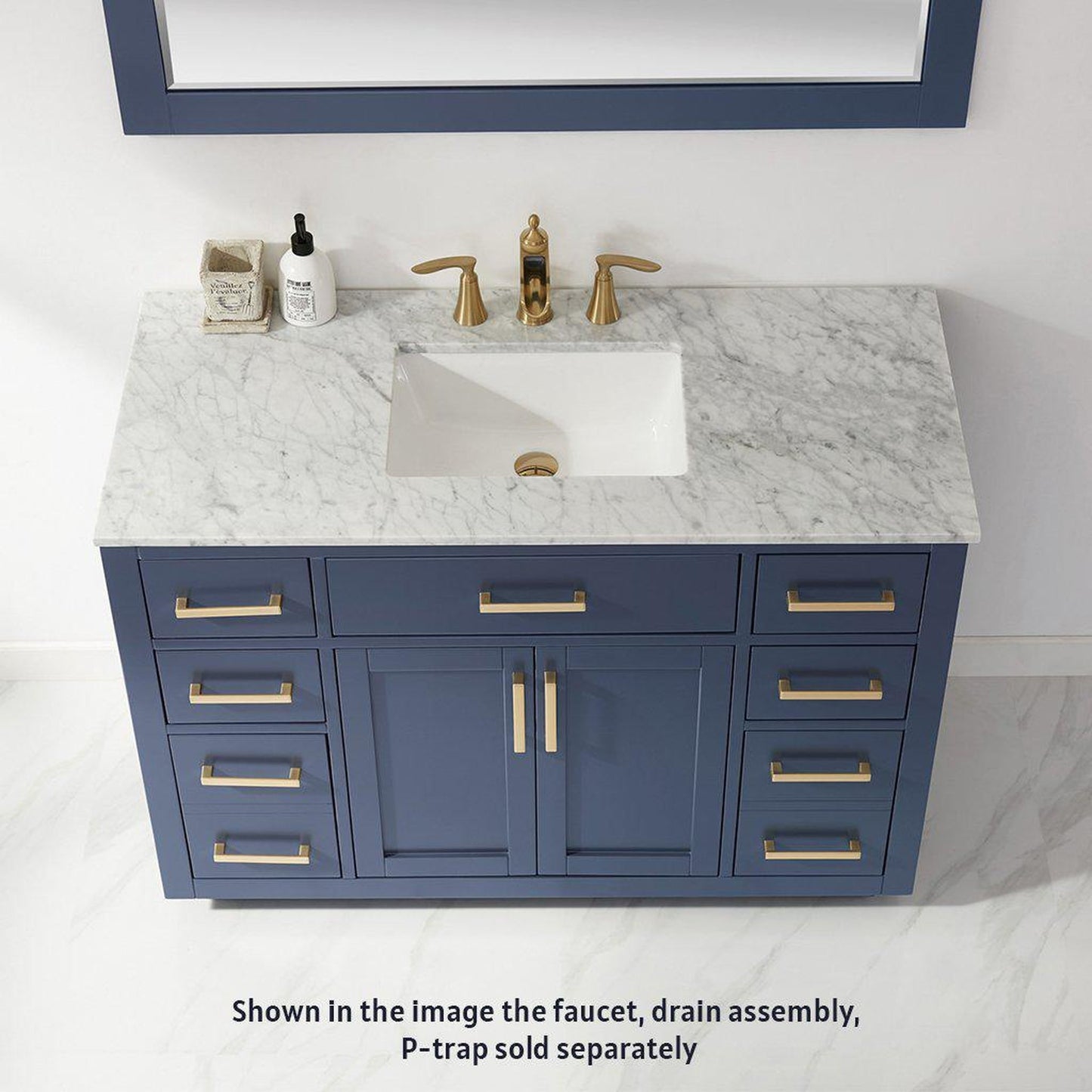 Altair Ivy 48" Single Royal Blue Freestanding Bathroom Vanity Set With Mirror, Natural Carrara White Marble Top, Rectangular Undermount Ceramic Sink, and Overflow