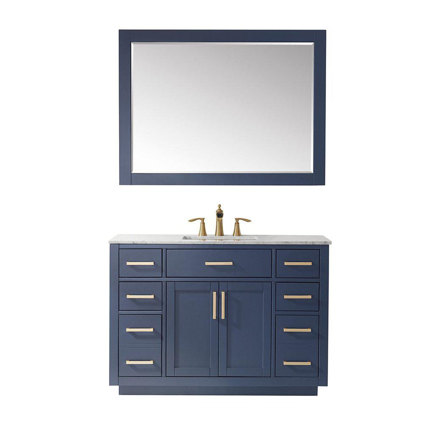 Altair Ivy 48" Single Royal Blue Freestanding Bathroom Vanity Set With Mirror, Natural Carrara White Marble Top, Rectangular Undermount Ceramic Sink, and Overflow