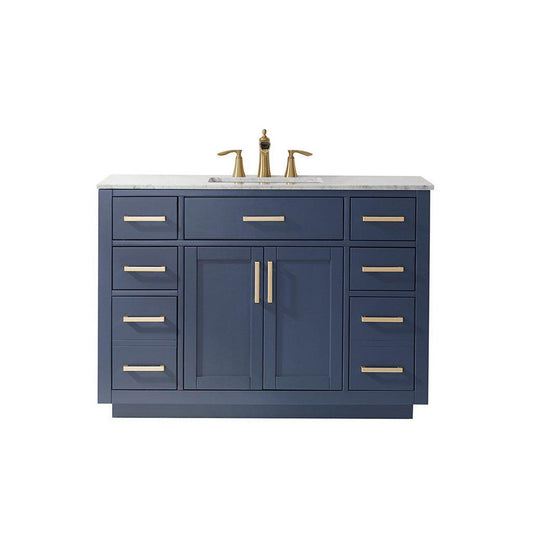Altair Ivy 48" Single Royal Blue Freestanding Bathroom Vanity Set With Natural Carrara White Marble Top, Rectangular Undermount Ceramic Sink, and Overflow