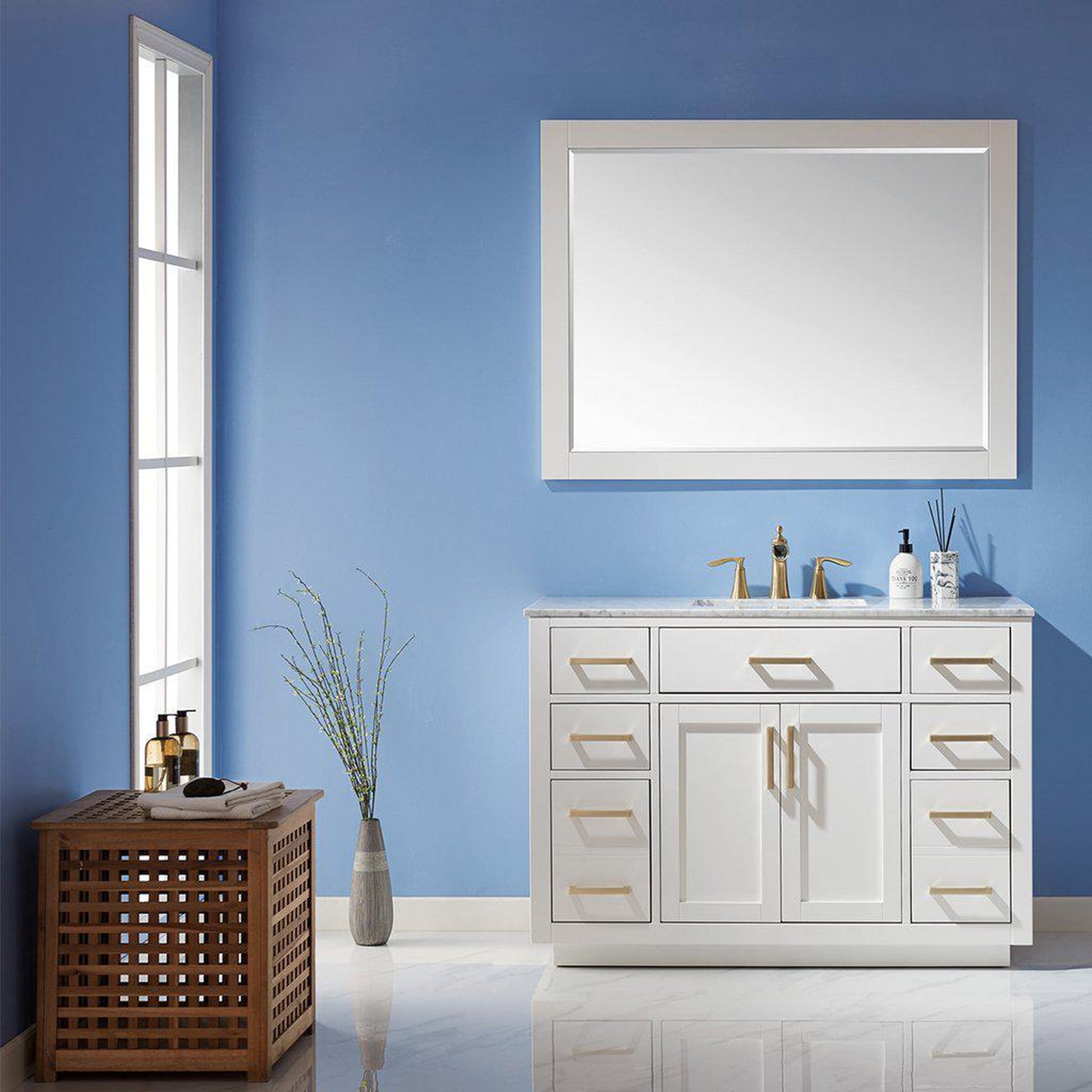 Altair Ivy 48" Single White Freestanding Bathroom Vanity Set With Mirror, Natural Carrara White Marble Top, Rectangular Undermount Ceramic Sink, and Overflow