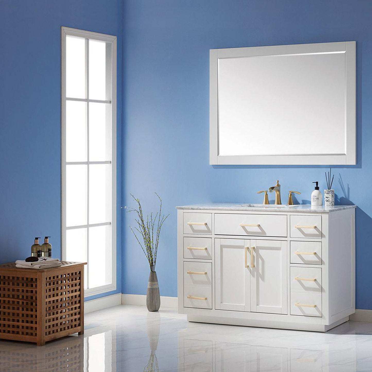 Altair Ivy 48" Single White Freestanding Bathroom Vanity Set With Mirror, Natural Carrara White Marble Top, Rectangular Undermount Ceramic Sink, and Overflow