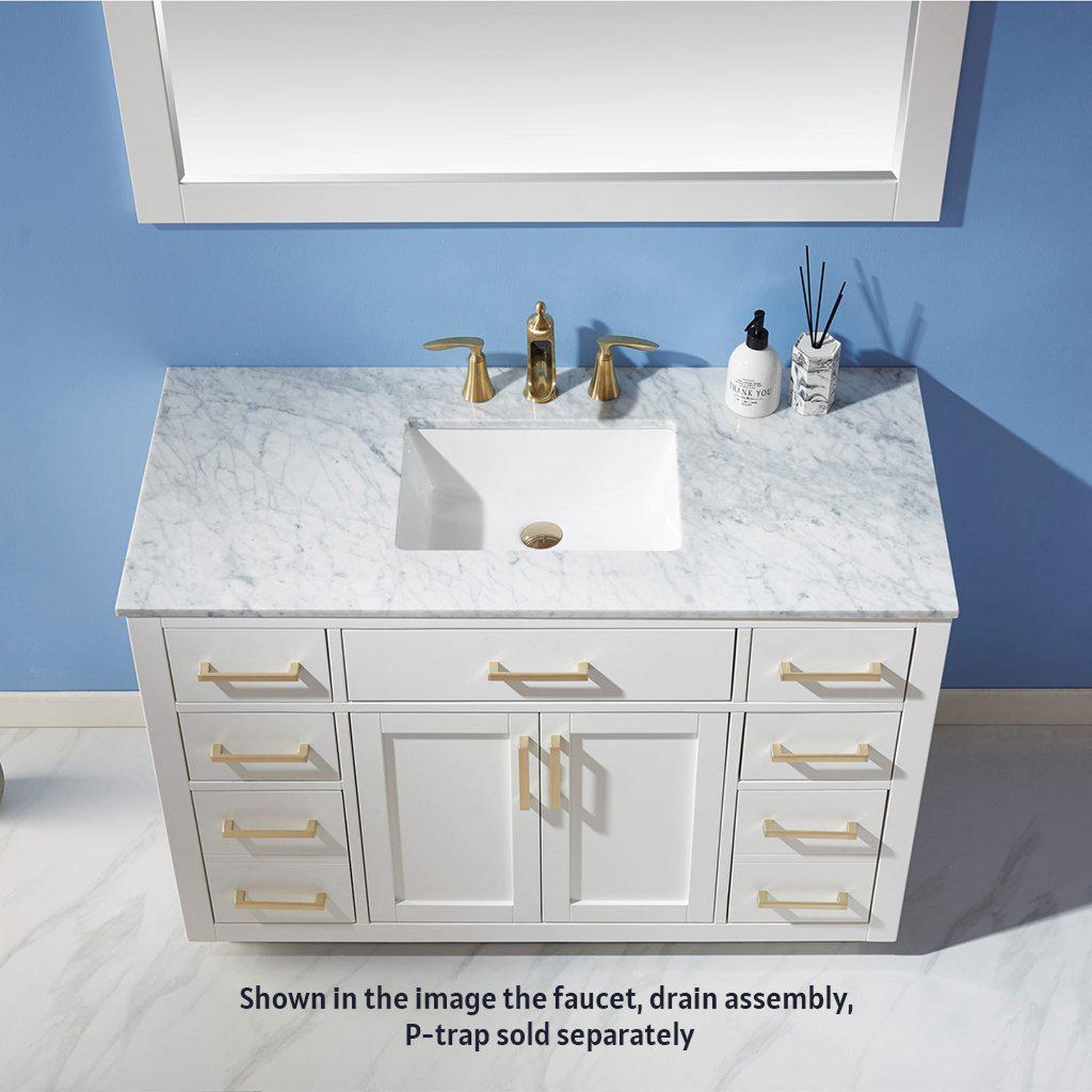 Altair Ivy 48" Single White Freestanding Bathroom Vanity Set With Mirror, Natural Carrara White Marble Top, Rectangular Undermount Ceramic Sink, and Overflow